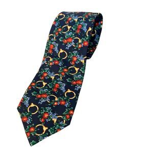 Lancel Paris Silk Floral Fruit Horsebit Stirrup Print Mens Neck Tie Navy Red New